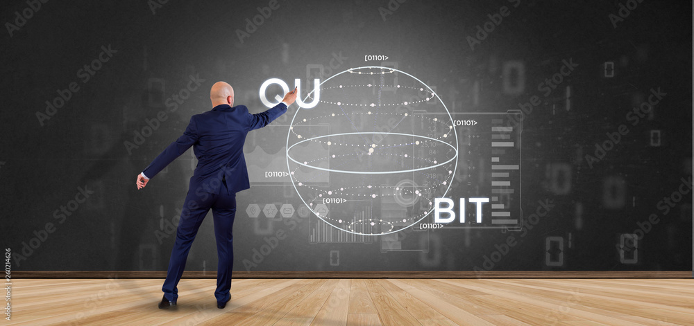 Poster businessman in front of a wall with quantum computing concept with qubit icon 3d rendering