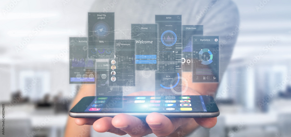 Poster businessman holding user interface screens with icon, stats and data 3d rendering