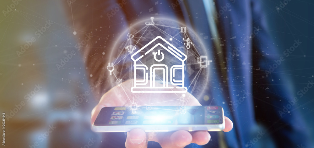 Poster businessman holding smart home interface with icon, stats and data 3d rendering