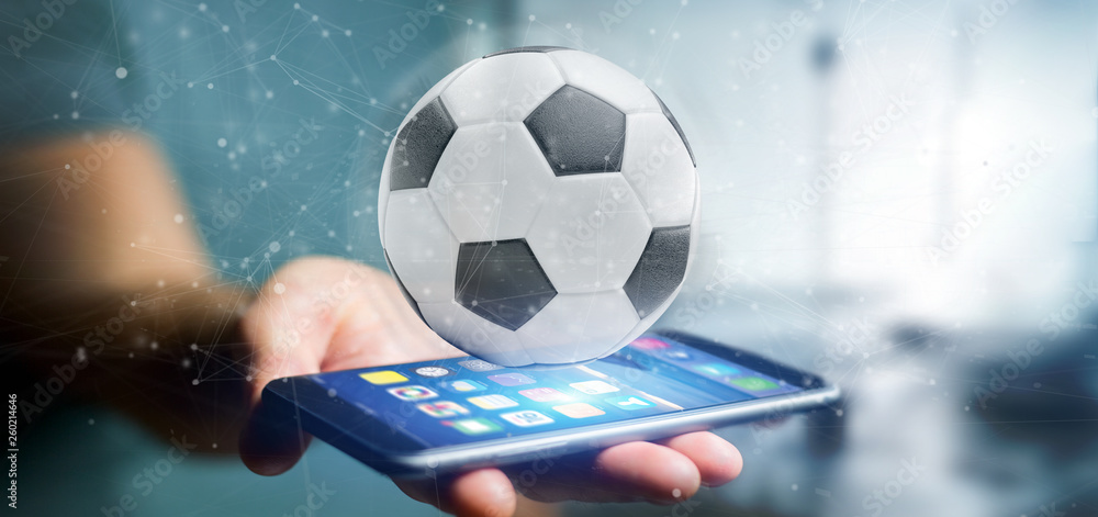 Poster man holding a football ball and connection isolated 3d rendering