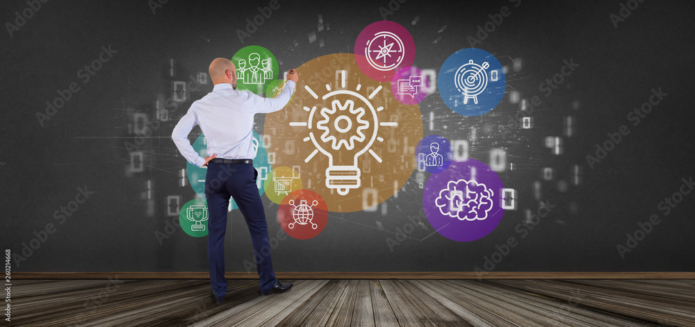 Poster businessman in front of a cloud of colorfull start up icon bubble with data binary 3d rendering