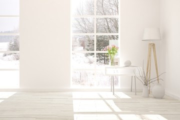 White stylish empty room with winter landscape in window. Scandinavian interior design. 3D illustration