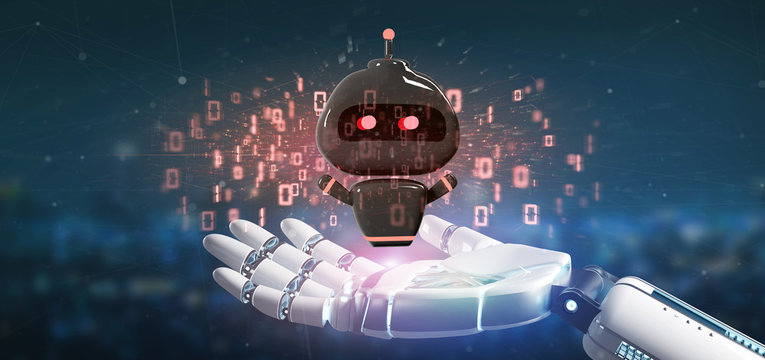 Cyborg hand holding Virus chatbot with binary code 3d rendering