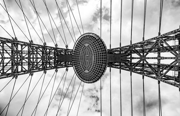 Black and white image of Zhivopisny Bridge's (Picturesque bridge) metal arch construction in Moscow, Russia
