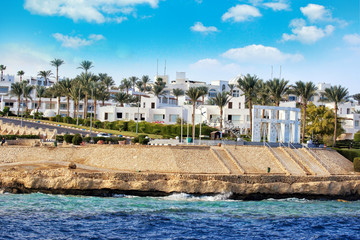 Fototapeta na wymiar View on egyptian hotel from the red sea