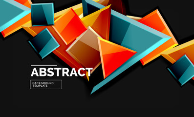 Glossy mosaic style geometric shapes - squares and triangles on black