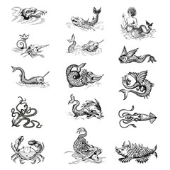 Mythological vintage sea monster. Fragment design of old pirate or fantasy geographical map