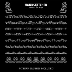 Vector set of brushes, dividers in vintage style. Flowers, hearts, bears, letters, cupids with wings tiny elements in Valentine’s day symbols. Black and white chalkboard art. Brushes included, set 2