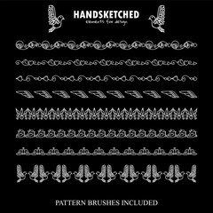 Vector set of brushes, dividers in vintage style. Wave arrows, hears, doves, cute birds and flowers elements in Valentine’s day symbols. Black and white chalkboard art. Brushes included, set 5