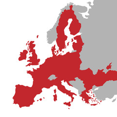 Vector red Map of the European Union with extra UE countries in grey