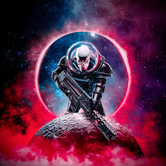 Obraz na płótnie Canvas The death trooper / 3D illustration of science fiction scene showing evil skull faced astronaut space marine soldier with laser pulse rifle rising above moon
