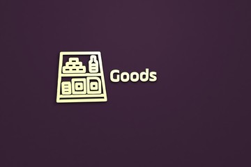 3D illustration of Goods, light-green color and light-green text with violet background.
