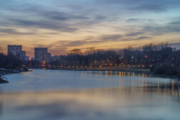 Fototapeta premium Moscow park image at the spring sunset. The city is full of colors and freshness.