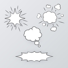 Set of black and white isolated replica or speech bubble silhouette templates.