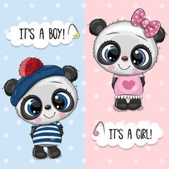 Baby Shower greeting card with Pandas boy and girl © reginast777