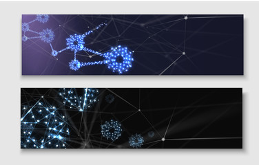 Connection abstract banners with blue shiny gears and digital network pattern.