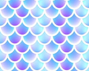 Mermaid tail foil texture effect background. Vector iridescent neon seamless pattern. Blue holographic fish scale or hologram snake template for party invitation design.