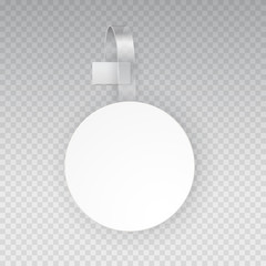 Sales point tag mock up. White empty round supermarket wobbler isolated on transparent background. Vector circle shelf plastic price banner or label template.