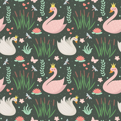 Cotton fabric Swans cute seamless pattern. Modern princess swan repetitive texture. Holiday endless background, backdrop. Vector illustration.