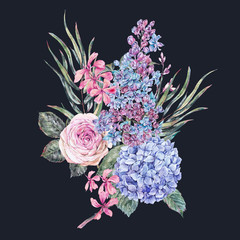 Watercolor vintage floral illustration with roses, lilac, blue hydrangea and wildflowers