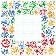 Vector set of child drawing flowers icons in doodle style. Painted, drawn with a pen, on a sheet of checkered paper on a white background.