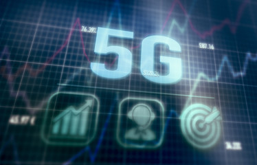 5G concept on a blue dot matrix computer display.