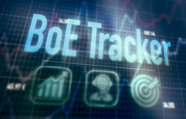 BoE Tracker concept on a blue dot matrix computer display.