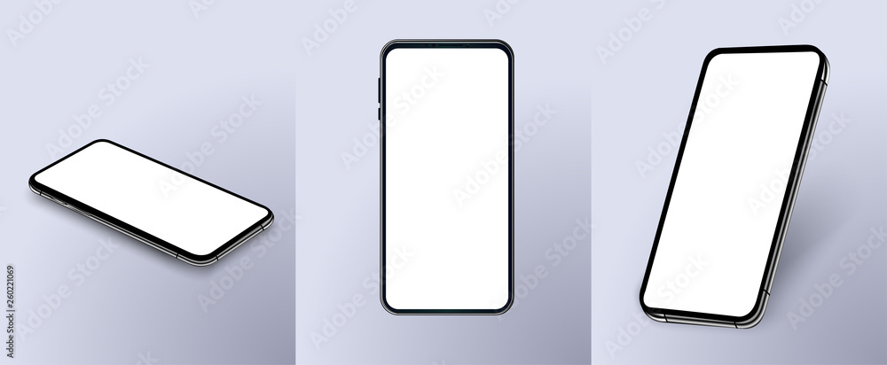 Poster set of modern frameless smartphones isolated on white background. side and top and isometric view. m