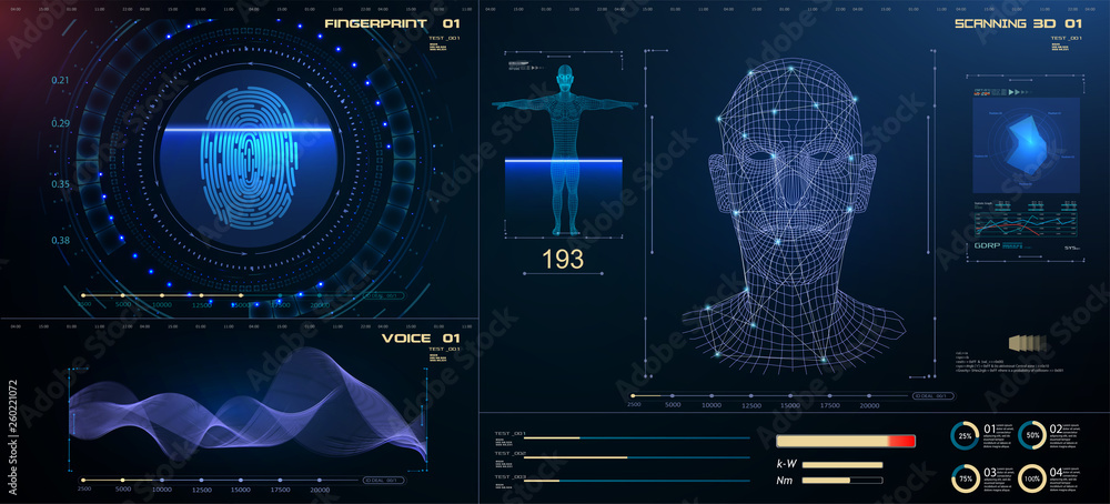 Poster biometric identification or recognition system of person. the facial recognition technology fingerpr