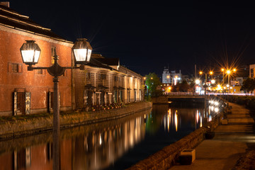 Landscape view of Otaru canals and warehouse at night in Hokkaido Japan. Here is a famous landmark...