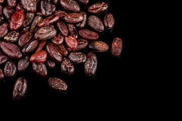 Cocoa beans  isolated on black background. Roasted beans. 
