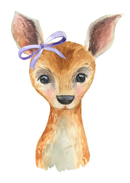 Baby deer painted watercolor. Cute deer. Decor for the nursery. Children's illustration
