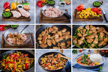 Step by step recipe kitchen menu. Chicken with vegetables. Thai meat. Azian Thai Food Concept.