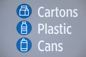 Blue and white sign with bold text. Cartons, plastic and cans with sumbolds of each