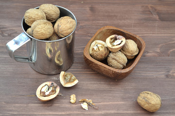 Concept of iodine and antioxidants: walnuts in metalic mug.