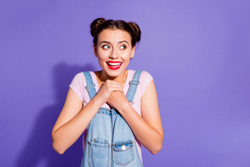 Close up photo beautiful amazing funky she her lady two buns hands arms together red lipstick...
