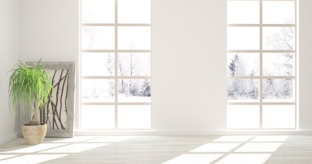 Obraz na płótnie Canvas White stylish empty room with winter landscape in window. Scandinavian interior design. 3D illustration