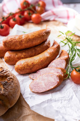 Country smoked sausage, traditional, appetizing home made meat.