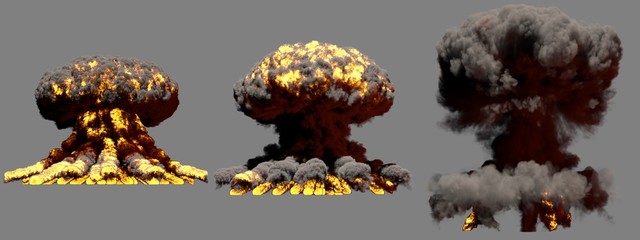 3D illustration of explosion - 3 huge different phases fire mushroom cloud explosion of super bomb with smoke and flame isolated on grey background