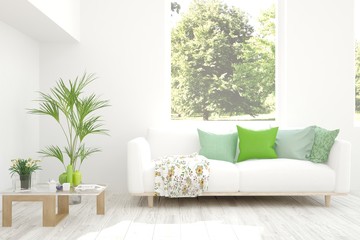 White stylish minimalist room with sofa and summer landscape in window. Scandinavian interior design. 3D illustration