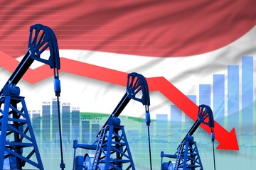 lowering, falling graph on Hungary flag background - industrial illustration of Hungary oil industry or market concept. 3D Illustration