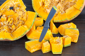 A large pumpkin sliced