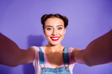 Close up photo beautiful amazing she her lady buns head make take selfies own internet blog modern...