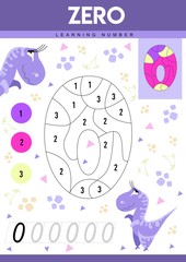 Learn numbers 0 with dino. Zero. Kids learn to count worksheet. Children educational game for numbers. Vector illustration