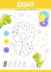 Learn numbers 8 with dino. Eight. Kids learn to count worksheet. Children educational game for numbers. Vector illustration.