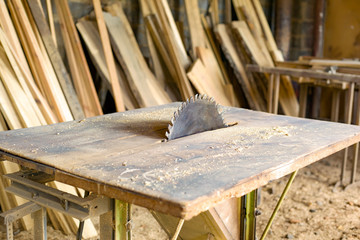 sharp circular woodworking saw, close-up