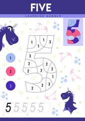 Learn numbers 5 with dino. Five. Kids learn to count worksheet. Children educational game for numbers. Vector illustration.