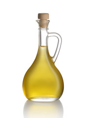 Glass carafe with olive oil isolated on white Background