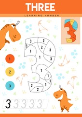 Learn numbers 3 with dino. Three. Kids learn to count worksheet. Children educational game for numbers. Vector illustration