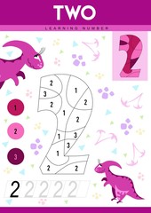 Learn numbers 2 with dino. Two. Kids learn to count worksheet. Children educational game for numbers. Vector illustration.